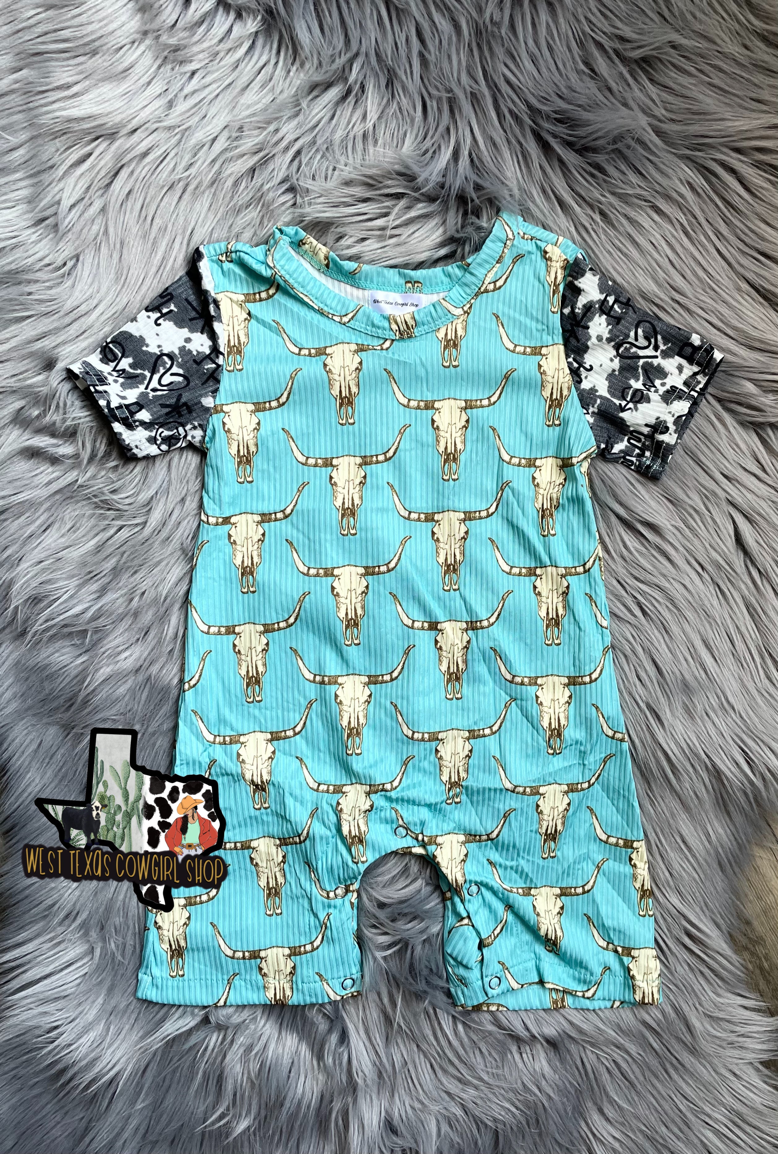 Teal Steer Head Cow Brand Ribbed Romper