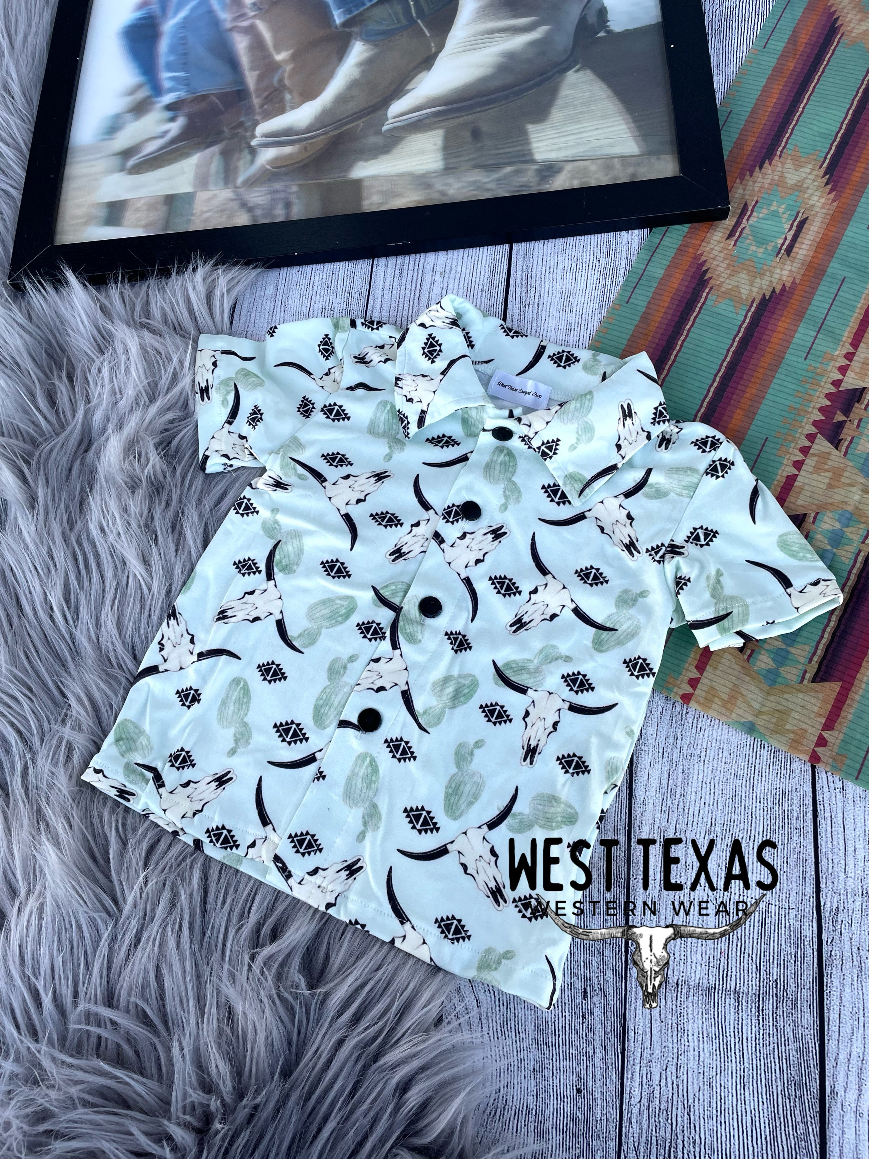 Mint Cactus Cow Skull Button Up